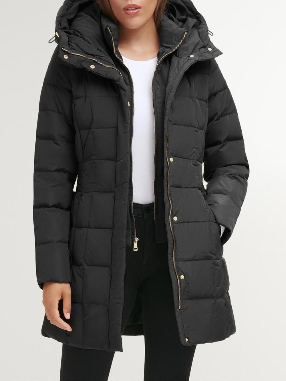 Cole Haan Black Quilted Puffer Coat with Gold Zippers
